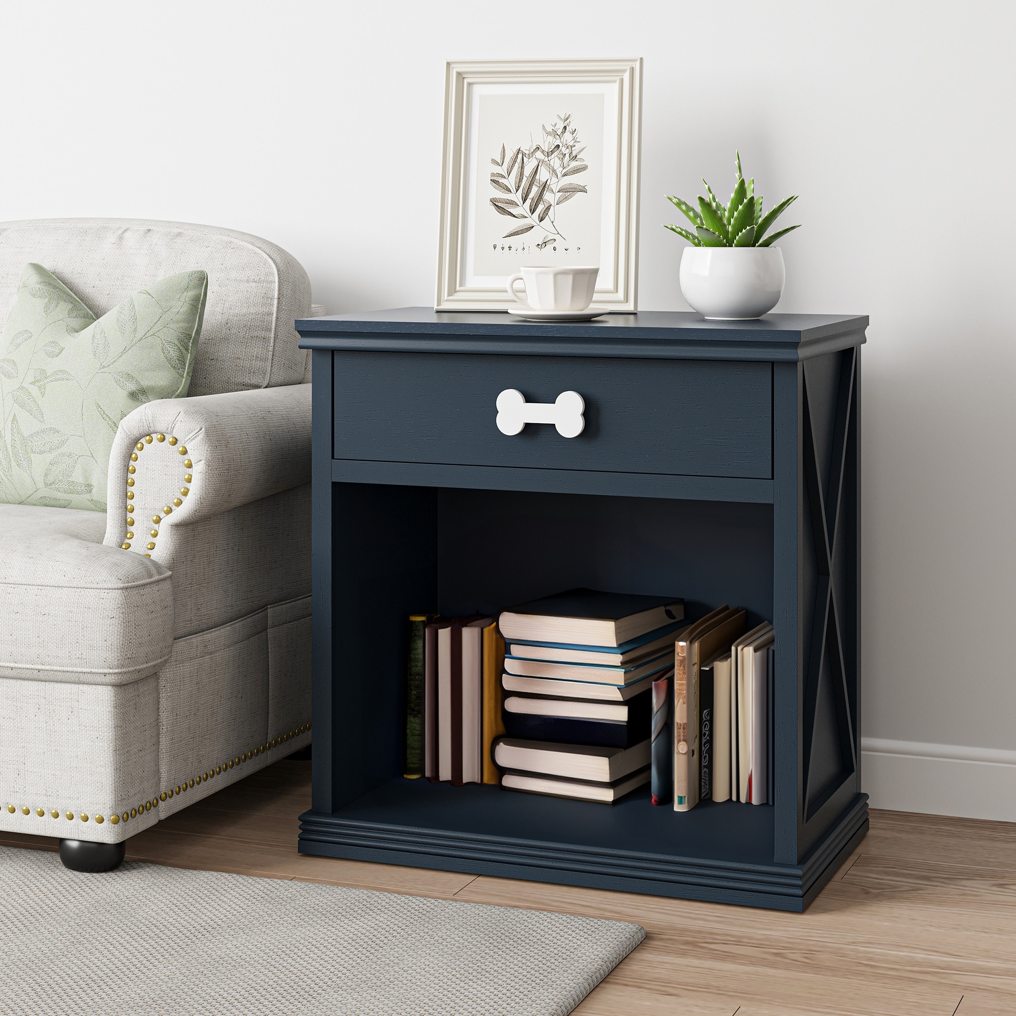 Cat Litter Box Enclosure Nightstand With Led Light Navy Blue_voghion.com